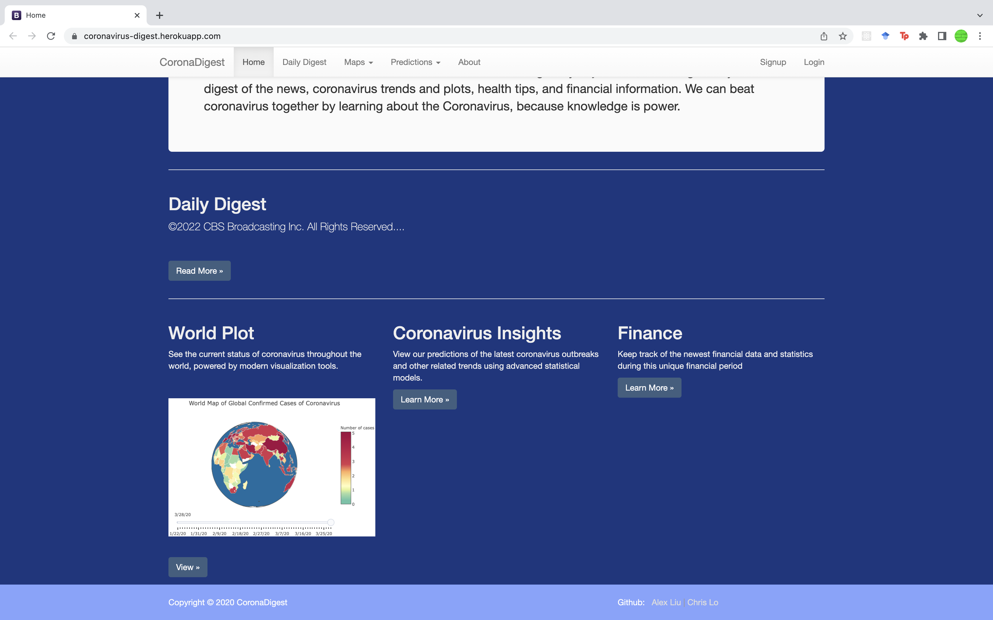 Home page of CoronaDigest, my project for HooHacks 2020